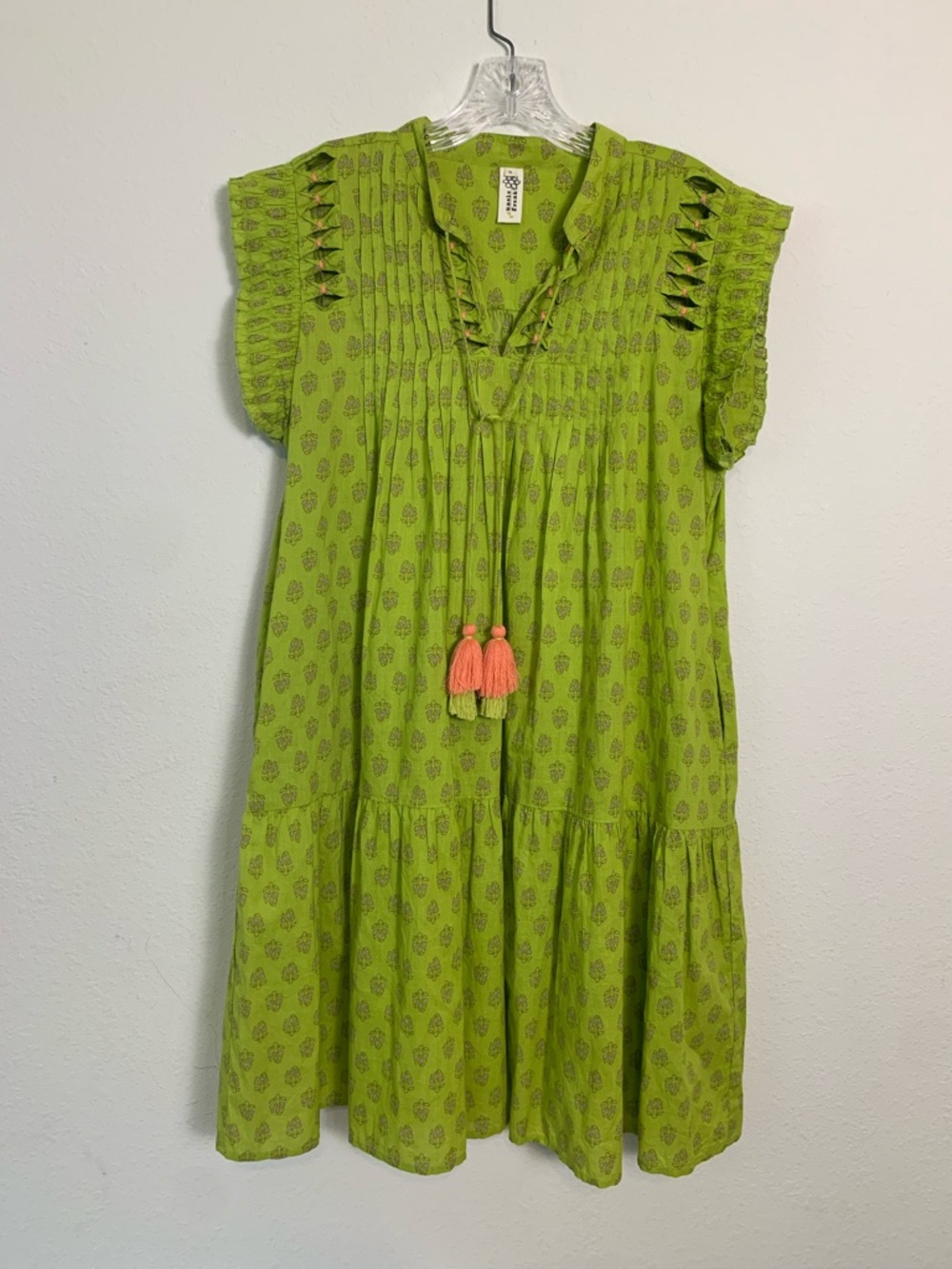 Uncle Frank Lime Green Midi Dress with Coral Tassels Small Summer Cotton